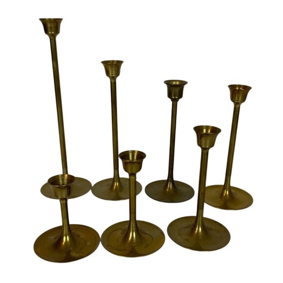 Brass Tapered Candle Holders Sticks Set Of 7 Made In Taiwan Vintage Mid Century - Picture 1 of 4